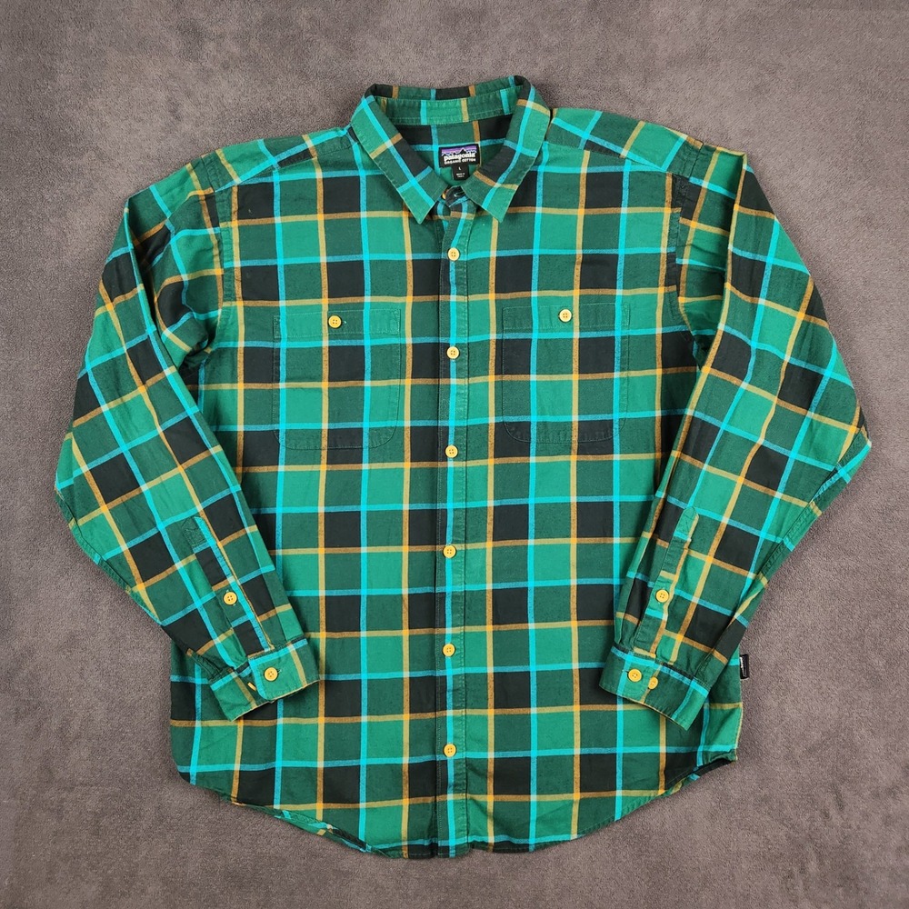 Patagonia Shirt Mens Large Green Plaid Organic Pima Cotton Flannel Button 53837